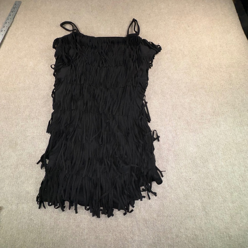 Trixxi Black Fringe Mini Cocktail Dress Adjustable Straps Large Flapper Style